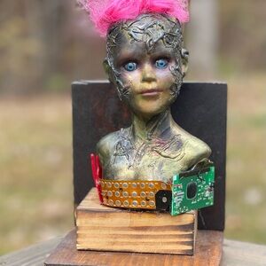 Mixed Media Art Sculpture with Pink Hair